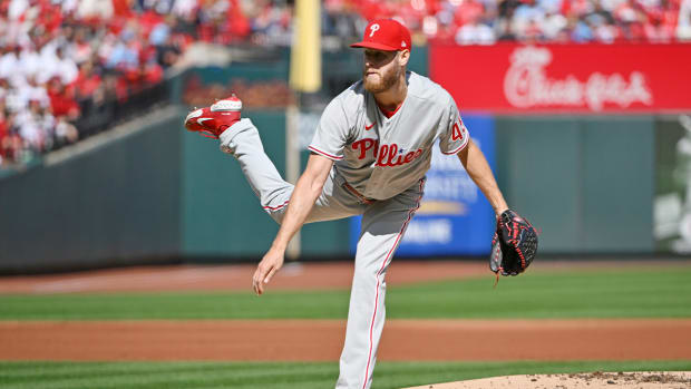 Oct 7, 2022; St. Louis, Missouri, USA; Philadelphia Phillies starting pitcher Zack Wheeler (45) pitches during the first inning against the St. Louis Cardinals during game one of the Wild Card series for the 2022 MLB Playoffs at Busch Stadium.